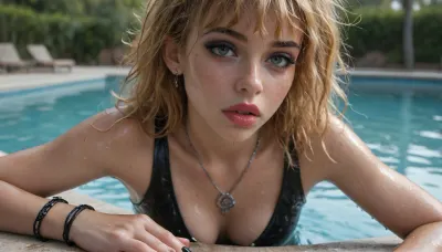 german emo girl, 24 years, very skinny, blonde straight hair, ((wet messy hair)), very small breasted, tight straight bangs, small, ((makeup, freckles, lipstick, full lips, arteficial eyelashes)), (oiled body:1.2), necklace, bracelets, earrings, zipped shiny black onepiece swimsuit, cleavage, in a swimming pool of an italian villa, bathing in the water, sweet small butt, seductive, tongue, 1girl, emo, girl, ShineCurve_Apparel, bodysuit, one-piece-swimsuit, leggins, transparent, leotard, <lora:2010s_Emo_Style_XL:1.6>, <lora:ShineCurve_Apparel-000009:1.2>