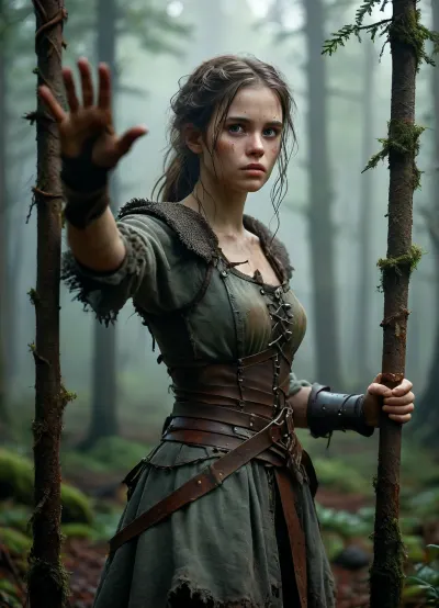 A girl in a tattered medieval tunic of coarse linen, with frayed edges and traces of dirt, stands in an iron cage that resembles an animal enclosure. Her hair is disheveled, her eyes are fearfully defiant, and her fingers are gripping the bars as if she's trying to defend herself. The cage is surrounded by a misty forest thicket, rusty spikes on the bars and shadows from the branches add to the sense of confinement. There are two hunters around, men in worn leather armor, daggers on their belts and crossbows on their backs. Their postures are aggressive — one is leaning toward the cage, grinning, his hand reaching for the lock, the other is half-turned, eyeing the captive with carnivorous interest. The hunters ' faces are a mixture of cruelty and lustful curiosity, narrowed eyes, stiff neck muscles, greasy grins. **Details to draw, **, **Textures, ** focus on the frayed fabric of the tunic, the gleam of the metal of the cage, the roughness of the tree bark in the background., **Lighting, ** the dim moonlight filtering through the fog creates sharp shadows on the hunters ' faces and glare on their weapons., **Emotions, ** fear and resistance in the girl's eyes, contrasting with the predatory passion of men., **Environment details, ** moss on the ground, broken branches underfoot, cobwebs in the corners of the cage. — * * Colors, ** a muted palette, (gray-green tones of the forest, dark brown leather of armor), with an emphasis on the pallor of the girl's skin and bloody reflections on metal. — * * Composition, ** a bottom view that highlights the threatening position of the hunters, a light haze for an atmosphere of alarm. **Technical instructions, ** Use ultra-detailed rendering for the characters ' faces and hands, 8K texture resolution for rendering small elements, (such as scratches on bars), and dynamic lighting with soft shadows. Add a motion blur to the background to focus your attention on the cell. * Restriction, The description does not contain explicit scenes of violence, but implies a tense atmosphere.*, fantasy, scaled, humanoid, <lora:add-detail-xl:.5>, <lora:MJ52:1>