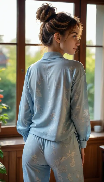 ultra high detailed photo, shallow depth of field, HD, instagram beauty, 20 years old naked slim wife in light blue long pajama pants, soft fabric with patterns, nude upper body, flat chest, detailed face, awkward smile, in the morning, large window, wind blowing in, beautiful garden, perfect body shillouette, small nose, detailed hair, messy hair bun, round ass, strong shadow from all direction, view from sideback, looking at you, 3/4 body view, high saturation, low contrast, warm tone, golden hour, <lora:detailed_notrigger:.8>, <lora:add-detail-xl:.8>