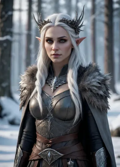 A cinematic portrait of a Dunmer, (dark elf), woman standing in the frozen wilderness of Skyrim. Her skin is ash-gray, eyes completely black and glowing faintly with inner fire. Long ashen-white hair flows in the cold northern wind, adorned with a wreath of thistle and frost-touched leaves. She wears light leather armor with fur details and ancient elven engravings, both practical and elegant. Two curved daggers hang from her belt — one on each side — their blades reflecting the pale light of a distant aurora. Snow drifts around her as she stands among jagged rocks and skeletal trees, her expression calm but deadly. The camera slowly circles her, highlighting her otherworldly beauty and silent strength. Cold cinematic lighting, high realism, Nordic fantasy atmosphere, inspired by The Elder Scrolls, Skyrim, 4K epic detail, wind-blown hair and drifting snow particles.