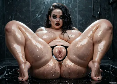 fully naked, pussy, busty, wet, bbw, fat pale goth mistress, bare breasts, bare pussy, oiled skin, naked, bare feet, round chubby face, huge ass, huge breasts, dark hair, curvy, caucasian, gorgeous, fisheye, ultra realistic, ultra detailed, fatter, really horny, dark makeup, black lipstick, (sweat:1.5)