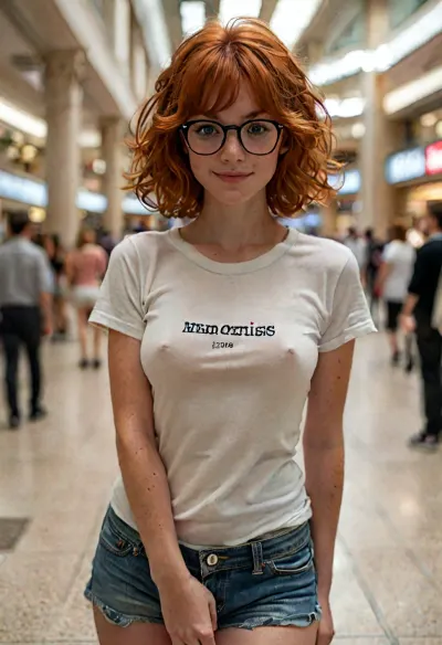 Photorealistic. Detailed. Cute busty red-haired geek in a snug blue t-shirt and Daisy Dukes at the mall, 20 years old, view from thighs up, medium breasts, short messy very curly orange hair in ringlets, bangs, heavy horn-rimmed glasses, tanned skin with lots of freckles, shy smile, awkward pixie-ish face, mall background, Soft Lighting, Natural realistic Skin Texture, Rule of Thirds Composition, Shallow Focus, but, clothes, braless, Wearing, that, make, sense, with, Braless>, <lora:add-detail-xl:2>, <lora:BUT_SDXL_SHS:.3>, <lora:style_lora_realis:2>, <lora:bralessSDXL_v1_00022:.5>