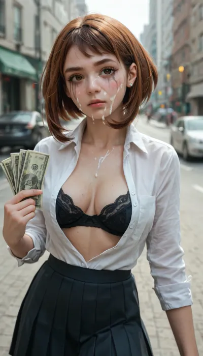 Standing, holding money, runny mascara, cum on face, Ochako Uraraka, white collared shirt, pleated skirt, open shirt, black bra, black pantyhose, outdoor, city ​​square, a look of annoyed