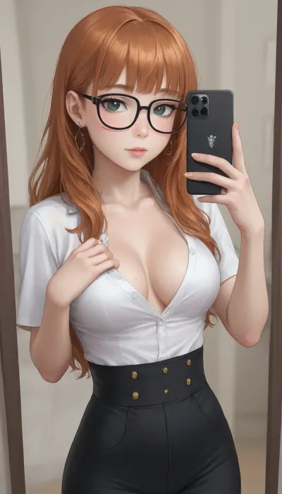 girlfriend, 25 years old, orange hair, long hair, straight hair, bangs, thick black glasses, freckles, sexy selfie, teasing selfie, slf, slim waist, cleavage, <lora:slf:1.6>