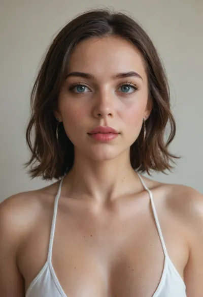 женщина лежит на животе на деревянной поверхности. Она одета в зеленую майку с золотистыми узорами и черной кружевной отделкой, а также в короткие джинсовые шорты.У женщины длинные волнистые темные волосы, которые распущены по плечам. На ней видна бижутерия, длинные серьги и браслет на руке. Маникюр на ее ногтях выполнен красным лаком.Фоном служит размытая зелень, включающая кустарники и деревья, что предполагает нахождение на природе. Освещение создает мягкий, рассеянный эффект