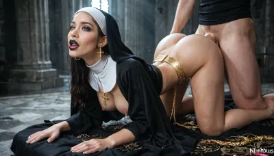 latina 35 years old woman, nimbus, petite, slender long legs, fit unzip nun's dress, thick thighs, bare large natural breasts, beautiful, gorgeous, stunning, unbuttoned, unzipped, open crop nun's top, long black hair, evening makeup, (black lipstick), gold waist belt, stomach exposed, biting lip, narrow waist, bimbo lips, exposed visible pussy, petite pubic hair styling, exposed thighs upper part, 2 priests, black robe, fucking doggystyle from back, staying, big cock fucking, rough sex, (anal), white rob, get cock into mouth, huge cum, beautiful face, perfect face, ultra-realistic face, dark blue eyes, cross-shaped earrings, cross on a gold chain, ultra detailed pussy, perfect eyes, perfect lips, dark cathedral hall, foggy background, full-body, soft glow, cinematic lighting, maximum quality, maximum details, photo realism, 4k, high resolution, ultra detailed, ultra HD, ultra-realistic, masterpiece, best quality, hyper-realistic