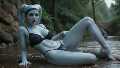 green female Twi'lek from star wars in lingery, sexy lingery, silk lingery, panties, sexy panties, pussy showing panties, wet pussy, drippiong pussy, wet dripping pussy, dripping out of pussy, horny pussy, water on skin, sensual eyes, tongue out, dripping tongue, wet tongue, saliva dripping, tongue saliva dripping, sexy top lingerie, sexy bra, lingery bra, legs crossed, bottomheavy, ass, massive, large, boobs, tits, flat, chest, big, breasts, huge, gigantic, small, hips, thighs, wide, thick, plump, belly, muscular, female, arms, extra, abs, sweaty skin, blue skin, all blue skin, dark nipples, sweaty nipples, wet skin, sweaty pussy, rain, rainy, wet, <lora:detailed_notrigger:2>, <lora:bottomheavy_v1_sdxl_tags:2>, <lora:bombshell_v2:2>, <lora:Venus_Body_Alpha:.8>