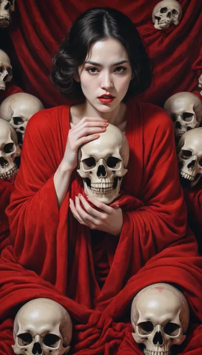 horror painting of woman cradling a skull surrounded by endless blood red velvet blankets, in the style of takato yamamoto, Perfect, Fangs, fangs, sharp, teeth, fang, <lora:Unfazed vampire - XL SDXL V1.0:2>, <lora:eGirls_XL_v1:.5>