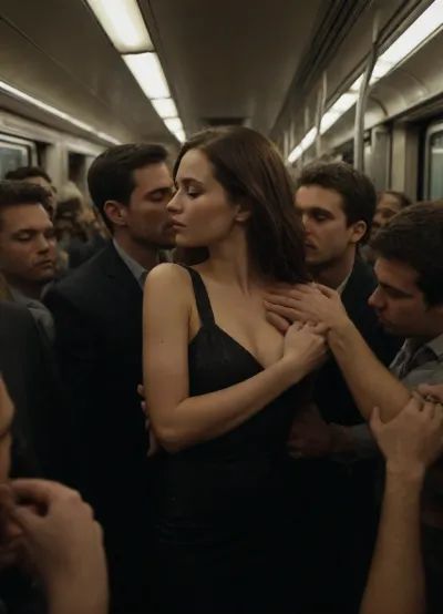 frottage, (sexy dressed girl), (tight crowd in a subway car), men touching against the clothed body of slender girl in a crowd, (many, hands, caress, a, woman's, body:1.3)