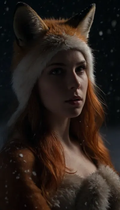 (fox:2), (furry:2), (flame fur:1.9), (eyes looking at me:1.3), (Starry sky:1.5), (side angle shot:1), (winter, large white snowflakes falling, snow on the head, large snowflakes, snowdrifts:1.42), face, taking, her, bad-picture-chill-75v, CyberRealistic_Negative, side view, badquality, low, quality, (expression pose:1.7), <lora:dark:.4>, <lora:badquality_v02:.4>
