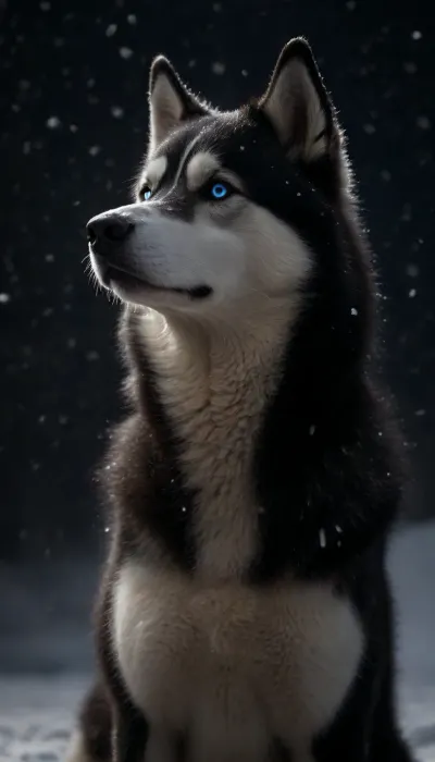 (black Husky:2), (slim furry:2), (flame fur:1.9), (blue eyes looking at me:1.3), (Starry sky:1.5), (side angle shot:1), (winter, large white snowflakes falling, snow on the head, large snowflakes, snowdrifts:2), face, taking, her, bad-picture-chill-75v, CyberRealistic_Negative, side view, badquality, low, quality, (expression pose:1.7), <lora:dark:.4>, <lora:badquality_v02:.4>