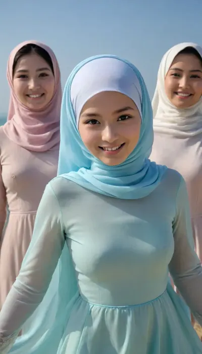 ultra high detailed photo, HD, 3girls, nude petite asian jilbab girls posing, extremely detailed face, happy face, innocent smile, seethrough body shillouette, thin fabric long dress, (undercap covering hair), (faded nipples poking), no_underwear, strong backlight, strong front shadow, dynamic pose, low angle, beach, clear blue sky, detailxl, <lora:CinematicStyle_v1:.8>