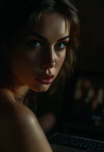 POV over shoulder to a nude woman, watching a, (perfect sex scene rendering of a pornographic film on the laptop display:1.7), <lora:MJ52:2>, <lora:BUT_SDXL_SHS:2>, <lora:style_lora_realis:2>, <lora:attractive_notrigger:2>, <lora:dark:.1>