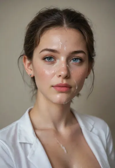 Nordic girl, smart, small firm tits, erect nipples, nerdy girl, facialized, facial, cum facial, cum, cum covered face, cum on face, face full of cum, tits showing, horny, horny face, horny look, female doctor, doctors coat, small tight ass, ass in air, oiled ass, bubble butt, beautiful ass, perfect ass. Full body in frame!
