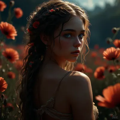 A highly detailed and vibrant fantasy artwork featuring a 21-year-old fairy woman with blue eyes in a sunny poppy field. She wears a revealing light toga with authentic ancient ornaments, her mixed hairstyle consists of many braids and dreads with natural pink highlights. The scene is full of life and sunlight, with bright colors and magical atmosphere. Her curvaceous figure includes prominent and attractive buttocks. The composition combines joyful aesthetics with mystical elements of death, creating a unique contrast between dark and light themes while maintaining a predominantly sunny and lively tone. Art style inspired by Hayao Miyazaki and classical mythology illustrations., speedpaint, <lora:dark:.5>, <lora:detailed_notrigger:1.3>, <lora:MJ52:.8>, <lora:EnvySeedPaintXL02:2>