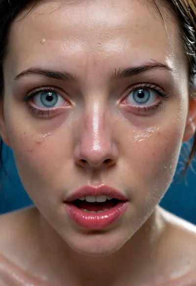 Female model. 35 yo. Coraline. Close on face. Mouth sewn shut. Lips sewn together., (Stitching:1.5), (Wet skin:1.6), .