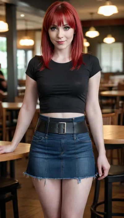 Photograph of a 42 year old standing in a restaurant, red hair, white skin, light skinned woman, pale skin, black eyes, round pretty face, extremely beautiful, japanese, goth, ghost white skin, nerd, fringe bangs, blunt bangs, very hair, wide open eyes, extremely beautiful face, full body view, denim skirt with black belt, black skirt, black tshirt with “CUNT”written on the front of it, sneakers, smiling, wasp waist, hdr, round hips, sexy waist, hourglass figure, curvy figure, super waist, perfect waist, extremely wide hips, thick thighs, high angle view, full portrait