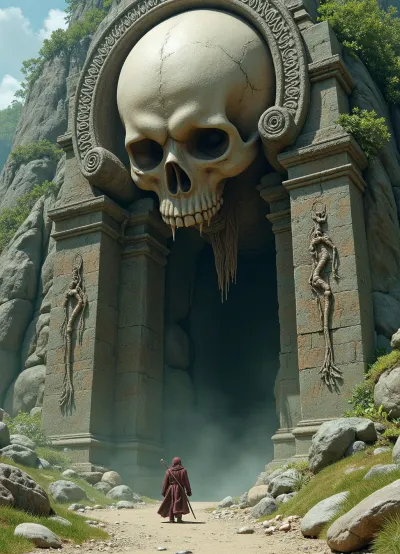 (Epic shot:1.2), of a lone warrior facing a colossal skull gate entrance carved into a mountain, ((skeletal details:1.3), dripping goo, weathered stone, ancient architecture, vines, roots, creepy, ominous), (fantasy art, dark fantasy:1.1), (highly detailed, intricate, gritty texture:1.2), volumetric lighting, dramatic shadows, muted dark colors, greens, browns, grays, desaturated, deep perspective, (digital painting, concept art by Frank Frazetta, Zdzisław Beksiński:1.3), grim, atmospheric, (masterpiece, best quality, ultra high resolution), sharp focus, professional artwork, award winning
