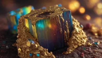microscope macro zoom, (glowing melted gold cubic), miracle, rainbow light circeled in open universe, orbit, rainbow storm, rainbow fire, rainbow air, rainbow earth
