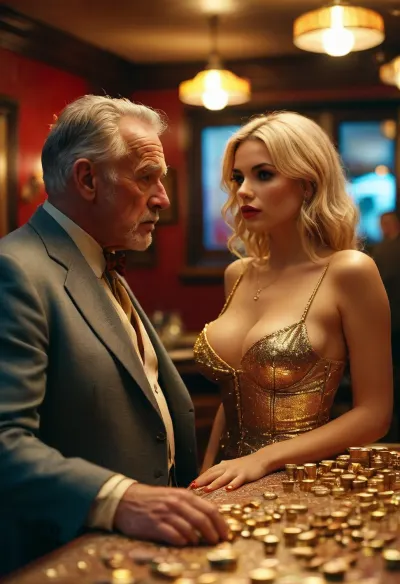 Slutty bimbo with older man, gold digger, <lora:MJ52:.8>