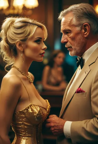 Slutty bimbo with older man, gold digger, <lora:MJ52:.8>