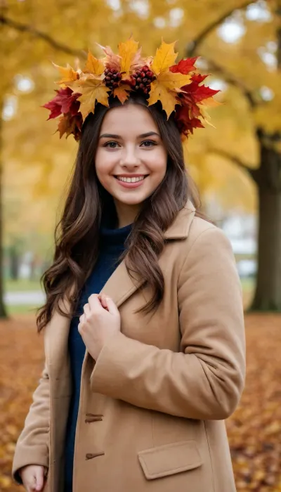 A captivating brunette just 18-year-old 4-feet-height well-built slightly plump woman, happily smiling, has a warm overcoat on, a maple autumn leaves wreath over head, in an autumn park