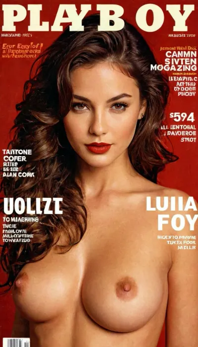A vintage image of an 25 year old brunette girl with beautiful highly detailed brown eyes, ((magazine)), ((playboy cover)), 5'4" tall, 120 lbs, highly detailed long curly brown hair, full red lips, small round tits, cleavage, light breast areolas, sweet calm smile, flat stomach, highly detailed slender body, deeply tanned, narrow waist, shaved pussy, playboy, magazine, cover, use character glasses, <lora:playboy_cover_SDXL_v1:.5>