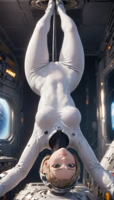 Inside international space station, russian woman levitating, upside down, sexy spacesuit