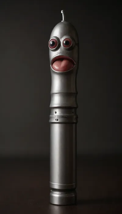 gay miniature robot in, (perfect penis design made of steel:1.8), Two tiny hands on the sides, perfect miniature fingers made of silicone, a rotating round steel robot head in the design of an penis glans with two eyes and sucking lips, The steel feet look like a scrotum, <lora:Simon_Stalenhag_LFTL_SDXL:.8>