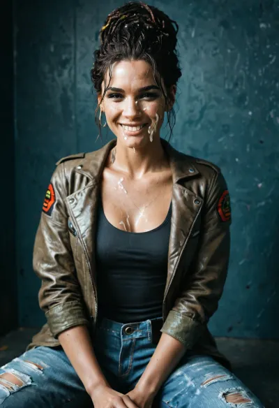 Panam Palmer from Cyberpunk 2077, happy, body suit, open jacket, jeans, cum face