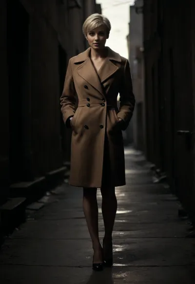 hyper photorealistic masterpiece, maximum quality, maximum details, maximum realism, russian milf, 40 years old, on street, back alley, very short blonde pixie hair, long closed brown coat, (black high heels), on knees, <lora:dark:.6>