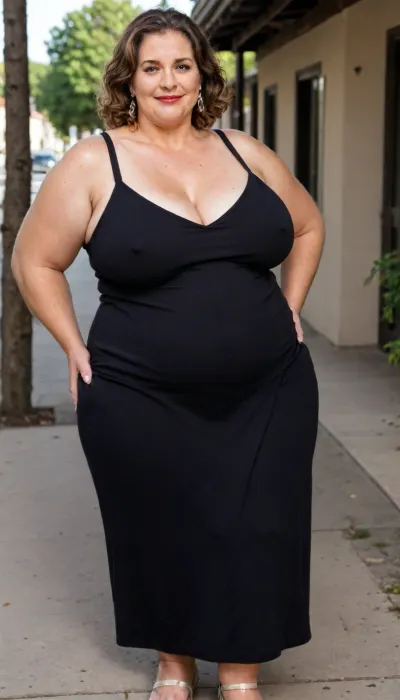 (obese:1.5), A beautiful 54-year-old mom in a black sundress, downblouse, (short windblown hair), on a patio, standing and leaning over to pour iced tea. Her gaze is on the viewer. She is purposely showing cleavage. She has a mischievous smile. Bright amber eyes, tanlines, lots of freckles, slender. Erect nipples under her dress, mature woman, high detail, masterpiece, long hair