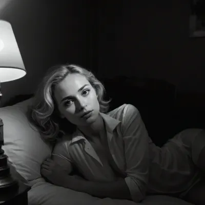In a modern loft, (black and white photography), very contrasting light, romantic atmosphere, in a dark corner, a wonderful thin 25 year old woman lying near lamp, blonde, unbuttoned shirt, taking off shirt, she remains in the darkness, curled up on herself, watching at us, raw, eyes, perfecteyes, dark, theme, epiCNegative, beautypinupart, 1girl, great, lighting, Movie, Still, Film, Cinematic, Shot, Lighting, <lora:Her_Eyes:1.2>, <lora:PinupManiaXL_V1.0:.8>, <lora:WildcardX-XL-Detail-Enhancer:.8>, <lora:great_lighting:.8>, <lora:JuggerCineXL2:.8>