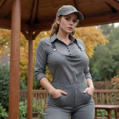 1woman, jean overalls, grey shirt, curvy, plumb, plain face, no hat, medium tits, hairy pussy, sweat, wet skin, wet hair, autumn, outside, in garden, under cover, gazebo, <lora:milkers_v2:.7>