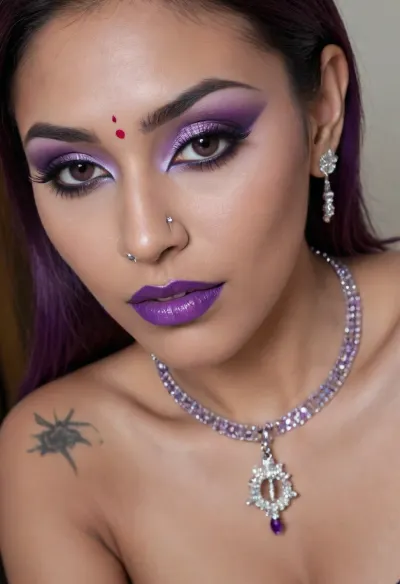 (high-quality facial detail:1.3), Indian sexy beautiful girl, (blue eyes:1.3), ((bimbo makeup, intense saturated glossy purple lipstick:1.2)), (Indian face:1.9), ((makeup:1.8), long blue eyelashes, olive eyeshadow with glitter), (lips:1.2), open mouth, saliva, in a transparent tight-fitting sequined dress, (pink-purple areoles are visible, nipples with piercings), an exquisite necklace and gold bracelets, (purple anus stretched around dildo), mid ejaculation, (penetration), she has long hair tied up in a bun, (purple pussy:1.7), nipple ringsnipple, (purple puffy anus:1.5), nipple ringsnipple rings, pussy view, slit pussy, slender long legs with a high waist, fishnet stockings, green stilettos, seductive grins, dark skin., (cum in mouth:1.3), (heavy pussy piercing:1.7), There is a lot of cum on the pubic area of the anus