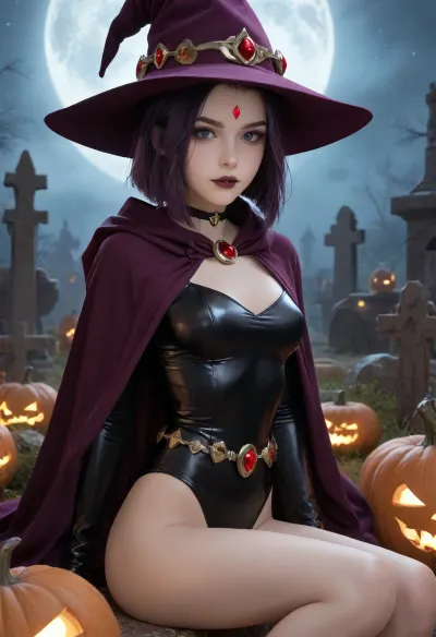 masterpiece, best quality, high resolution, hires, score_9, score_8_up, score_7_up, score_6_up, (DC comics titans raven:1.4), detailed face, light Grey skin, short purple hair, bobcut hairstyle, purple hightlights in hair, purple eyeshadow, black lipstick, dark eyeliner, goth make up, red diamond on forehead, slim body, dark purple skin tight leotard, ruby jeweled brooch, purple wool hooded cloak, purple wool witches hat, extended conical crown, wide brim hat, glowing red jeweled belt, black leather choker, slim ass, sitting, looking at viewer, night time, visible stars, graveyard setting, graveyard is littered with pumpkins, diverse pumpkins, bright moon, moon glow, detailed background, ratatatat74, face, <lora:287175_training_data:1.3>, <lora:ratatatat74-000050:1.3>, <lora:Raven_XL:1.6>, <lora:JustCum:1.4>, NEGATIVE_HANDS