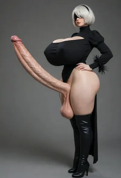 Yorha unit 2B from nier automata, arms on hips, 2b cosplay, white bobcut hair, beauty mark on left side of chin, high-slit black turtleneck top, puffed sleeves ending in mid-forearm in the form of crow feathers, thigh high black high heel boots, slim face, black blindfold, both eyes covered, futanari, FUTA, huge thick veiny cock, slim long cock, ((((((((((long cock)))))))))), huge flare, erected cock, straight erected cock, erection, detailed cock, upper curved cock, ((((huge heavy testicles)))), cleavage, (((gigantic natural breasts))), massive breasts, long breasts, saggy breasts, hanging breasts, ((gigantic hips)), (gigantic saggy breasts), black nipple pasties, (gigantic ass), huge thighs, overflowing thighs, serious expression, ((far view)), simple background, cock focus, (side view)
