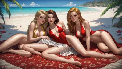 group of 3 18 year old sexy girls from beautiful look, Rind small asses, slim, red lips, sexy outfits, swollen pussy, round tits, lesbian sex on blanket, beach night, blonde hair, brown hair, sleeveless top, miniskirt, drawn like Gary roberts