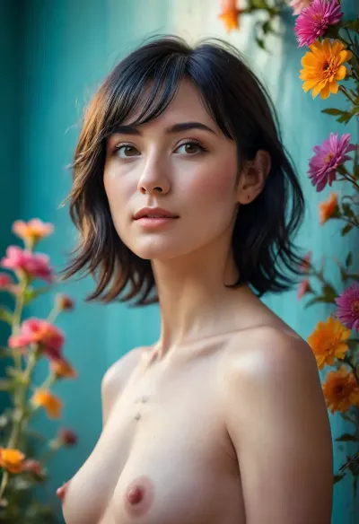 A charming Japanese woman, short tousled layered black hair with delicate wispy bangs, direct sunlight illuminating the left side of her face, a vibrant beautiful rainbow prism light flare refracts across the right side of the image washing over her hair and shoulder with a spectrum of vivid colors, She is set against a simple muted teal-colored wall, delicate dried flowers in the foreground, (nude:1.3), (pretty face:1.8), (perfect nose:1.6), slender body, perfect legs, fair skin, (full body portrait:1.3), <lora:Midjourney Image Enhancer XL v1:.8>