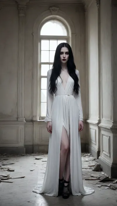 High contrast, supernatural ghost girl, alternative, goth, black very very long hair, slender figure, wide hips, shadow figure, (skin painted pale white:1.7), seductive, imposing, mascara, mysterious presence, haunting presence, stunning long legs, ghost girl, high-heeled sandals, elegant transparent robe, ethereal, walking through a Abandoned and heavy ruined and dreadful baroque palace, broken dirty windows, few Autumn leaves on the palaces floor, Peeling paint on the walls, large soot marks on the walls and ceilings, dark atmosphere