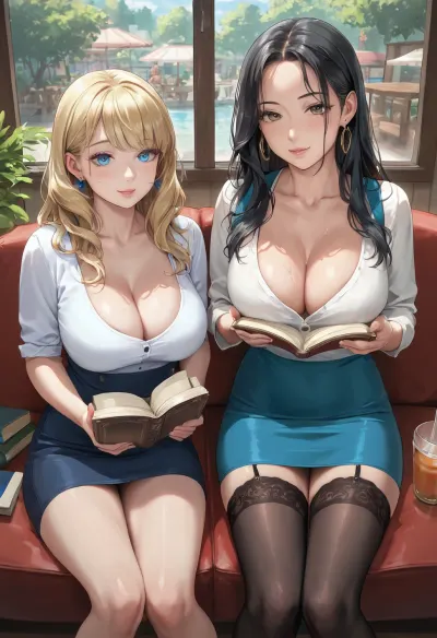 Two girls. Sexy mature american woman dark haired bangs hairstyle with brown eyes medium round tits in sexy tight blue micro dress black stockings sitting in cafe Reading a Book, thinkbubble, and sexy mature blonde long hair blue eyes in white top Medium round breast cleavage and black miniskirt