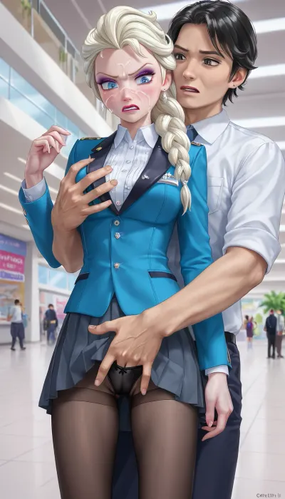 Angry, Elsa Frozen, cum on face, (groping her exposed pussy + fingering pussy), white collared shirt, pleated skirt, Black pantyhose, black hair male fingering through clothes, male hand in female panties, standing, mall background, (Comfyui with controlnet), Model