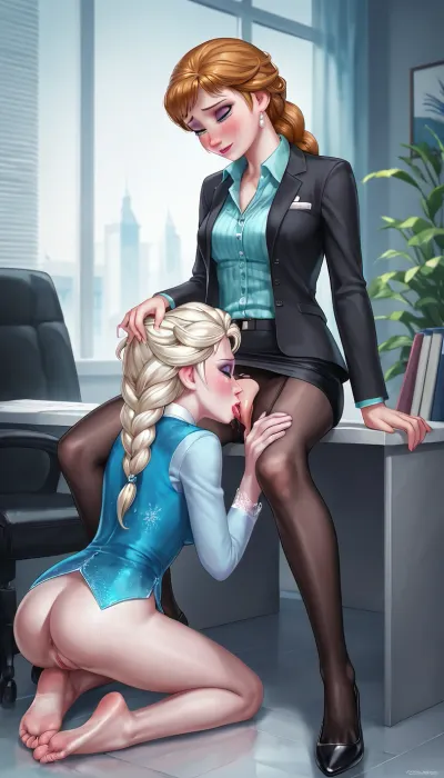 Elsa Frozen, Anna Frozen, Kneeling, 2 female, cunnilingus, pussy lick, hand on head, blonde ponytail hair girl kneeling, formal suit, black down jacket, tears, sad eyes, office, black haired girl sitting, formal shirt, black pantyhose