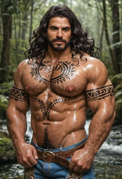 Create a Picture of big beefy muscular daddy man, (old beedy daddy:1.3), tribal tattoos, (tribal tattoos:1.3), macho male, big muscles, very hairy body, (hairy chest:1.4), wet long wavy black hair, (wet long wavy hair:1.2), short beard, wearing tight torn denim, brown belt, big pecs, pecs out, big nipples, big bulge, sexy man, gay, only man, solo picture, stands proudly in fantasy forest, hands grabbing his belt, hot, teasing man, (angry face:1.2), angry