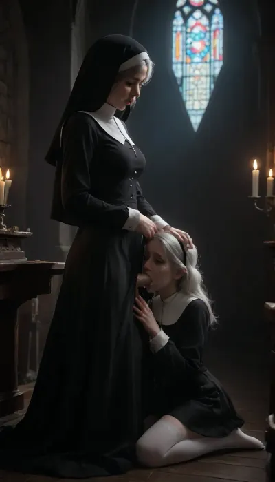 mature_futanari_granny_with_an_innocent_girl, 55_years_old, futanari, penis, medium_breasts, breasts open, skirt up, semen, very_big_cumshot, vintage_long_stockings, girl kneeling, futanari_standing, clothes open, futa granny dominates an innocent girl, girl sucks dick on her knees, futa blows dick in girl's mouth, closed_eyes, testicles, erection, ((girl_gives_blowjob)), girl in monastic_cassock, gray_hair, skirt, miniskirt, medium_length_hair, big_ass, futa with girl, girl sucks futa, girl gives blowjob, very_big_thick_thighs, very_thick_thighs, nun's_cassock, open_mouth, cum_in_girl's_mouth, gothic_church_inside, candles, long_sleeves, ejaculation, futanari_with_a_girl, moaning, hug, realistic, lifted_skirt, runny_makeup, (makeup smeared from tears), tears, (crying), embarrassment, blush, orgasm facial expression, ruined makeup, flowing tears, wrinkles on face, cum on thighs, cum on clothes, nun's headdress, gothic_night_church, dark_church, center aisle, (red-blue neon lighting), <lora:fog_creatures_v4:2>, <lora:dark:2>