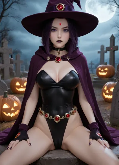masterpiece, best quality, high resolution, hires, score_9, score_8_up, score_7_up, score_6_up, (DC comics titans raven:1.4), detailed face, light Grey skin, short purple hair, bobcut hairstyle, purple hightlights in hair, purple eyeshadow, black lipstick, dark eyeliner, goth make up, red diamond on forehead, slim body, large busty breasts, full breasts, 1/4 visible vulva, (puffy cameltoe, prominent cameltoe, raised cameltoe), dark purple skin tight leotard, ruby jeweled brooch, purple wool hooded cloak, purple wool witches hat, long conical crown, wide brim hat, glowing red jeweled belt, black leather choker, fingerless jeweled gloves, purple nail polish, slim ass, sitting on ornate gravestone, (irritated, annoyed), hands on thighs, looking at viewer, night time, visible stars, graveyard setting, graveyard is littered with pumpkins, diverse pumpkins, bright moon, moon glow, detailed background, ratatatat74, NEGATIVE_HANDS, sleek cool lighting, sift shadows, bold lines, dynamic lighting, <lora:287175_training_data:1.3>, <lora:ratatatat74-000050:1.3>, <lora:Raven_XL:1.6>, <lora:JustCum:1.4>