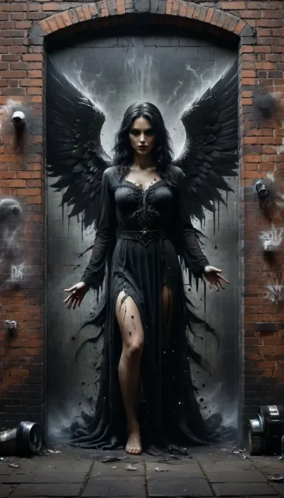 Street Art, Mural, Spray Paint, Tones of Black, High Contrast, Ultra-HD, Angelic, Evil, Powerful, Natural Lighting, Reflective, Polished, Brick, Aerosol, ais-darkpartz, dark, fantasy, <lora:Dark_Particles_Style_SDXL:2>, <lora:dark_fantasy_art:2>