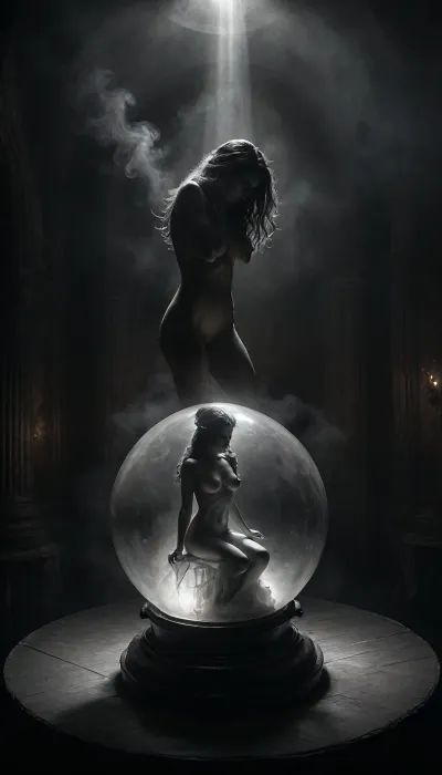 middle age, close-up of a beautiful, large crystal ball belonging to a gypsy fortune teller on a small wooden old table with, (a detailed projection inside the crystal ball of a extraordinary detailed stunning nude dancer:1.5), highly detailed image, Double exposure, blurred background, next to single skull with candle on top, surrounded by a fucking couple, (standing sex:1.4), in a dark dusty forest, an mystic black castle, cloudy, smoke, atmospheric, clouds, fog, Black, and, white, art, black, pencil, shading, charcoal, drawing, toned, paper, brutal, dark, b/w, color, scheme, <lora:add-detail-xl:1.1>, <lora:Cloudy_Style:1.5>, <lora:Black and white art.V1:1.8>, <lora:dark:.3>