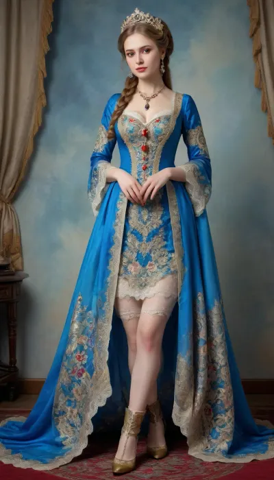 Full-length portrait of a Russian beauty in a national costume, lace filigree of bright, saturated color. Very clear, highly detailed watercolor, glaze technique, as well as colored alcohol ink in the style of V. Vasnetsov. She lifts the hem of her dress with her hands, revealing blue lace panties, ((that have dropped to her knees)), . Ultra-high detail, photorealism and crystal clear 32 KB resolution allow you to create a true masterpiece. Full-size image, including boots