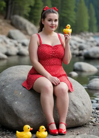 A chubby young woman with a ponytail wearing a red polka dot minidress and red shoes. She is sitting on a rock, holding a rubber duck in her hand and looking at the camera., <lora:Chubby BBW - XL:2>